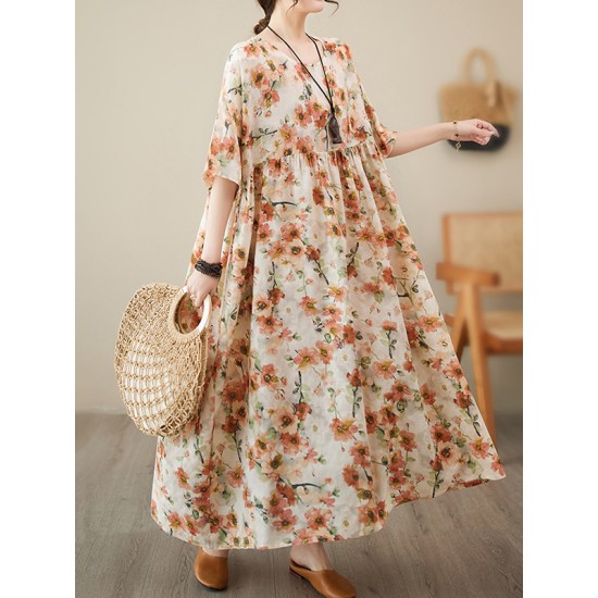 Floral Printed Pleated Split-Joint Loose Raglan Sleeve Round-Neck Midi Dresses