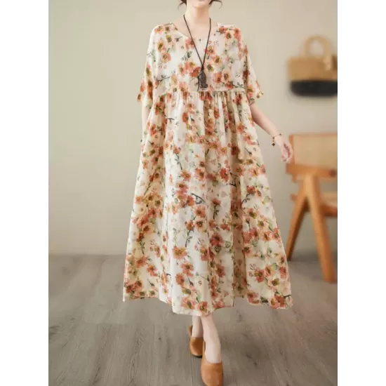 Floral Printed Pleated Split-Joint Loose Raglan Sleeve Round-Neck Midi Dresses