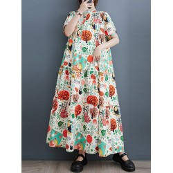 Buttoned Printed Split-Joint Loose Short Sleeves Stand Collar Midi Dresses