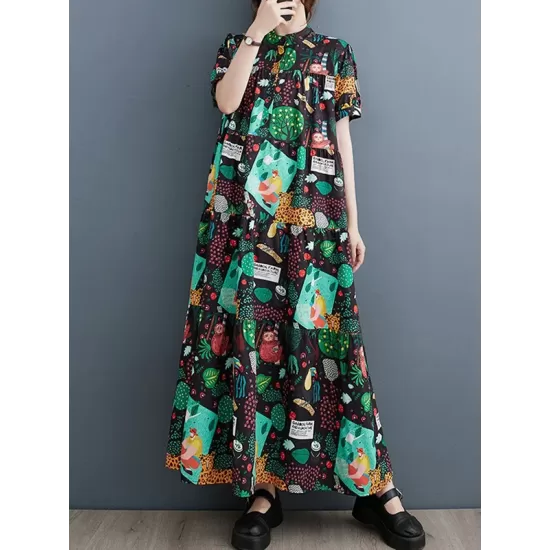 Buttoned Printed Split-Joint Loose Short Sleeves Stand Collar Midi Dresses