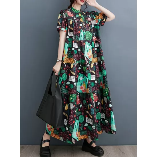 Buttoned Printed Split-Joint Loose Short Sleeves Stand Collar Midi Dresses