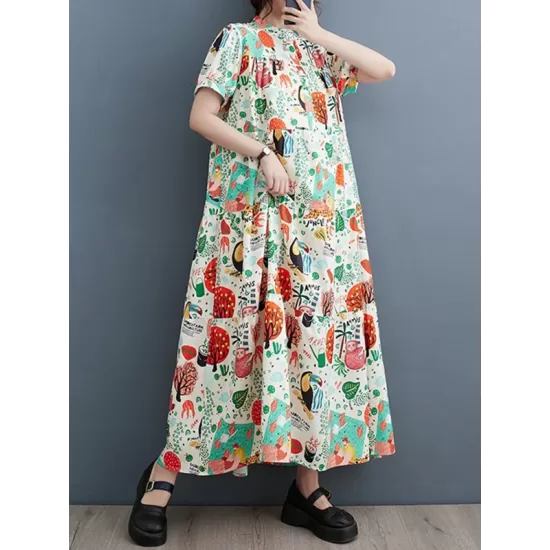 Buttoned Printed Split-Joint Loose Short Sleeves Stand Collar Midi Dresses