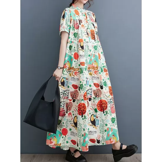 Buttoned Printed Split-Joint Loose Short Sleeves Stand Collar Midi Dresses