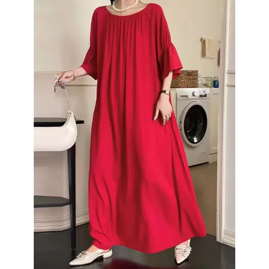 Solid Color Half Sleeves Loose Round-Neck Midi Dresses