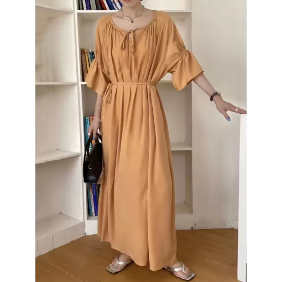 Solid Color Half Sleeves Loose Round-Neck Midi Dresses