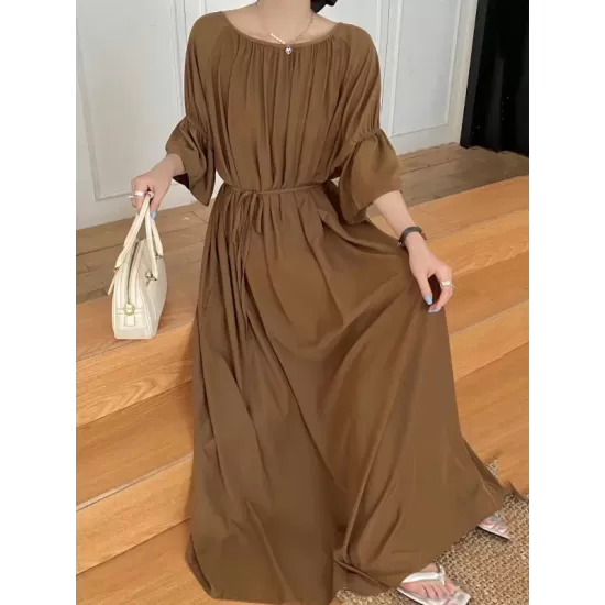 Solid Color Half Sleeves Loose Round-Neck Midi Dresses