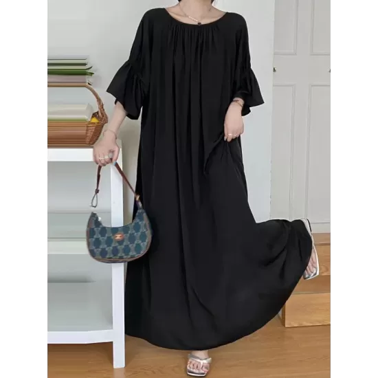 Solid Color Half Sleeves Loose Round-Neck Midi Dresses