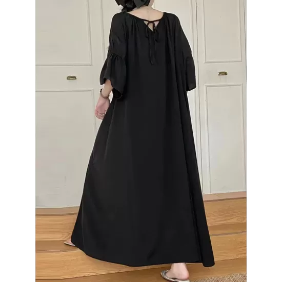 Solid Color Half Sleeves Loose Round-Neck Midi Dresses