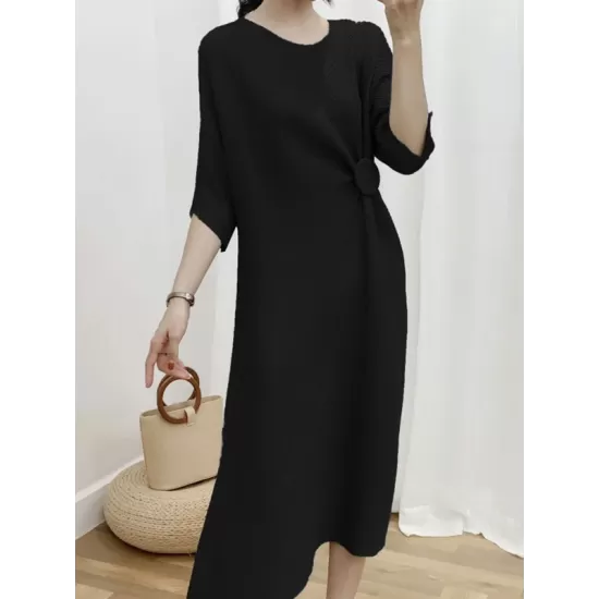 Pleated Solid Color Half Sleeves Irregular Clipping Round-Neck Midi Dresses