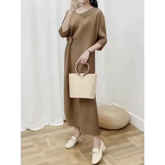 Pleated Solid Color Half Sleeves Irregular Clipping Round-Neck Midi Dresses