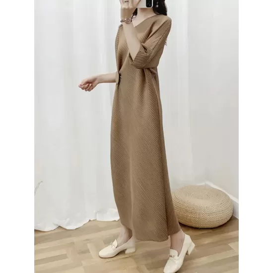 Pleated Solid Color Half Sleeves Irregular Clipping Round-Neck Midi Dresses