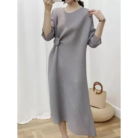 Pleated Solid Color Half Sleeves Irregular Clipping Round-Neck Midi Dresses