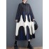 Contrast Color Pleated Printing Split-Joint A-Line Long Sleeves Polo Midi Dresses