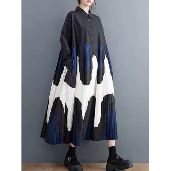 Contrast Color Pleated Printing Split-Joint A-Line Long Sleeves Polo Midi Dresses