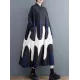 Contrast Color Pleated Printing Split-Joint A-Line Long Sleeves Polo Midi Dresses