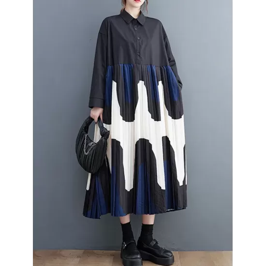 Contrast Color Pleated Printing Split-Joint A-Line Long Sleeves Polo Midi Dresses