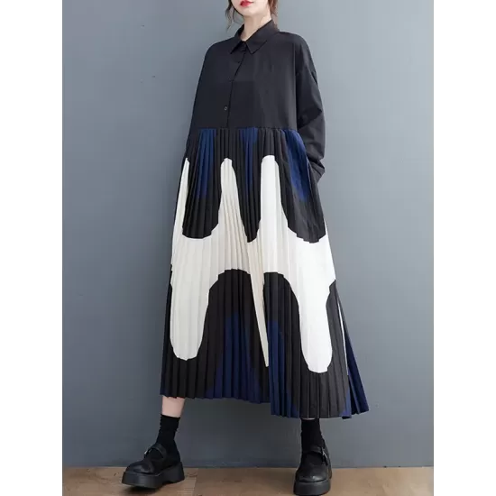 Contrast Color Pleated Printing Split-Joint A-Line Long Sleeves Polo Midi Dresses