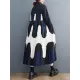 Contrast Color Pleated Printing Split-Joint A-Line Long Sleeves Polo Midi Dresses