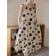 Contrast Color Pleated Polka-Dot Split-Joint Tied Waist Loose Sleeveless Round-Neck Midi Dresses