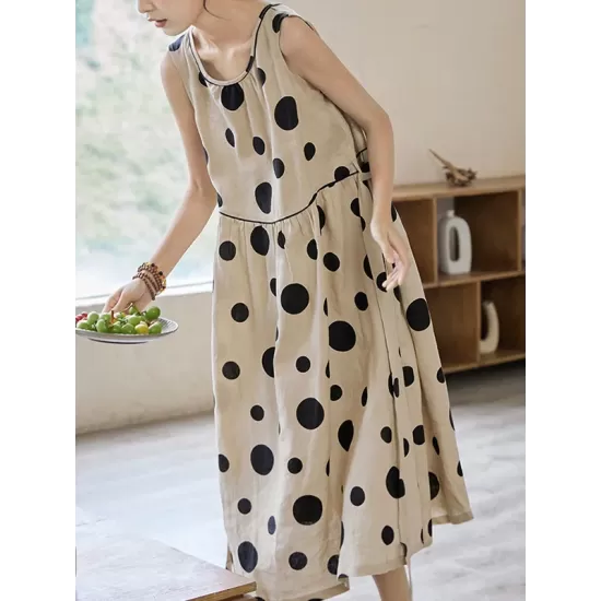 Contrast Color Pleated Polka-Dot Split-Joint Tied Waist Loose Sleeveless Round-Neck Midi Dresses