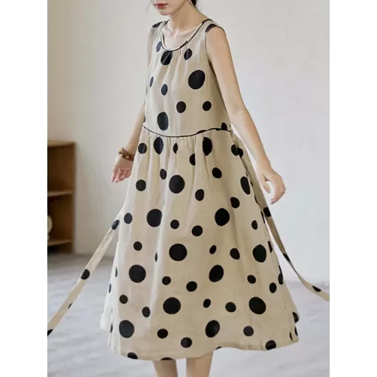 Contrast Color Pleated Polka-Dot Split-Joint Tied Waist Loose Sleeveless Round-Neck Midi Dresses