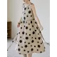 Contrast Color Pleated Polka-Dot Split-Joint Tied Waist Loose Sleeveless Round-Neck Midi Dresses