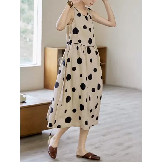 Contrast Color Pleated Polka-Dot Split-Joint Tied Waist Loose Sleeveless Round-Neck Midi Dresses