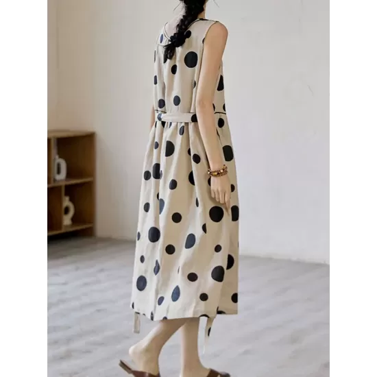 Contrast Color Pleated Polka-Dot Split-Joint Tied Waist Loose Sleeveless Round-Neck Midi Dresses