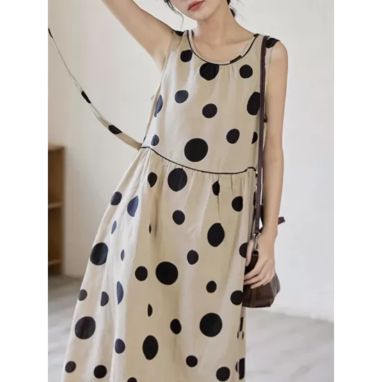 Contrast Color Pleated Polka-Dot Split-Joint Tied Waist Loose Sleeveless Round-Neck Midi Dresses