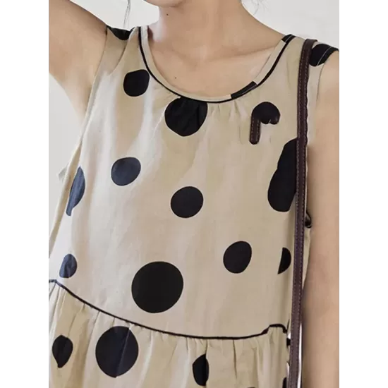 Contrast Color Pleated Polka-Dot Split-Joint Tied Waist Loose Sleeveless Round-Neck Midi Dresses