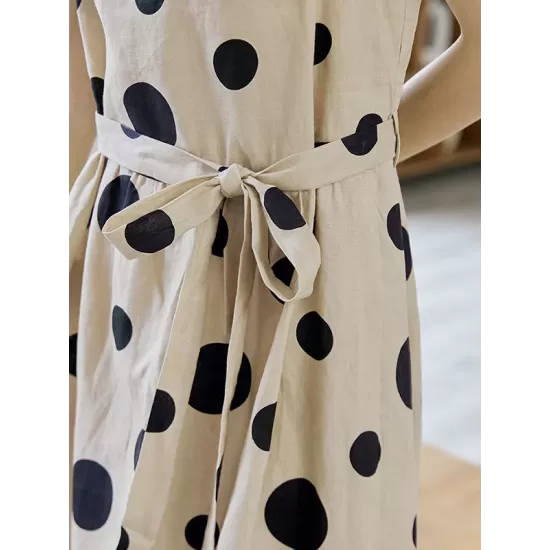 Contrast Color Pleated Polka-Dot Split-Joint Tied Waist Loose Sleeveless Round-Neck Midi Dresses