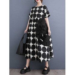 Polka-Dot Split-Joint Loose Short Sleeves Round-Neck Midi Dresses