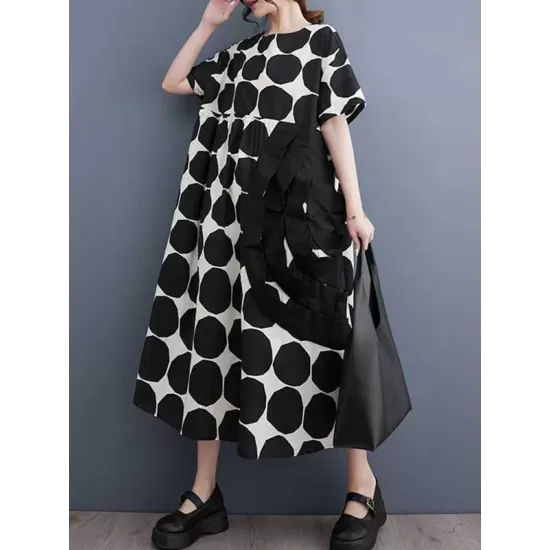 Polka-Dot Split-Joint Loose Short Sleeves Round-Neck Midi Dresses