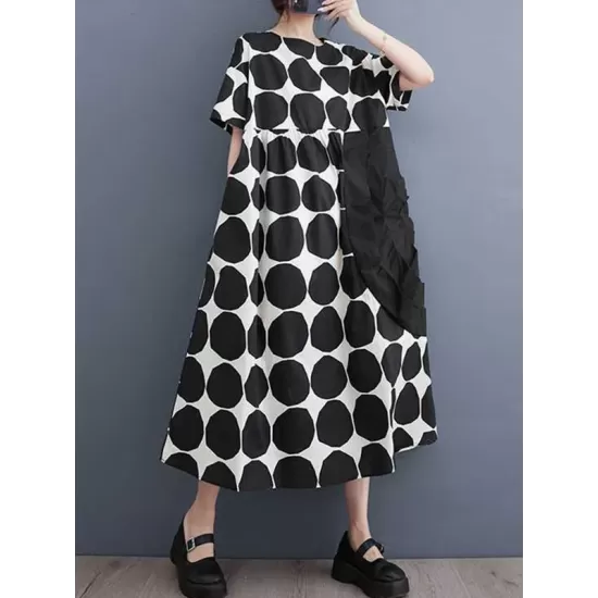 Polka-Dot Split-Joint Loose Short Sleeves Round-Neck Midi Dresses