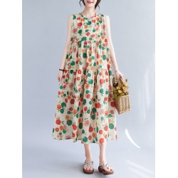 Floral Printed Pleated Split-Joint Loose Sleeveless Round-Neck Midi Dresses