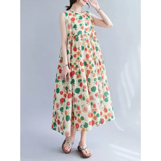 Floral Printed Pleated Split-Joint Loose Sleeveless Round-Neck Midi Dresses