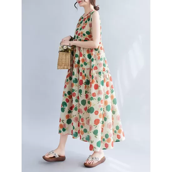 Floral Printed Pleated Split-Joint Loose Sleeveless Round-Neck Midi Dresses