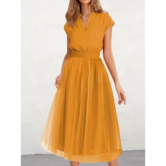 Solid Color Loose Short Sleeves V-Neck Midi Dresses