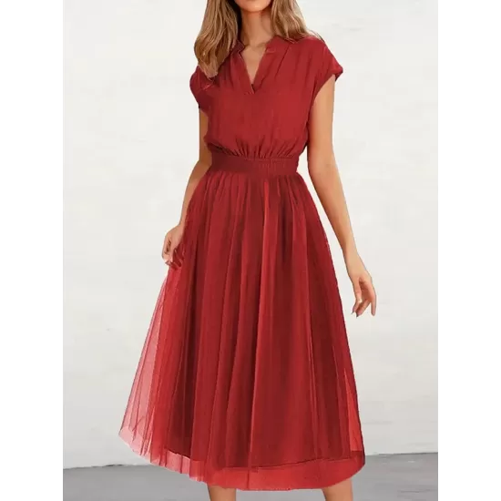 Solid Color Loose Short Sleeves V-Neck Midi Dresses