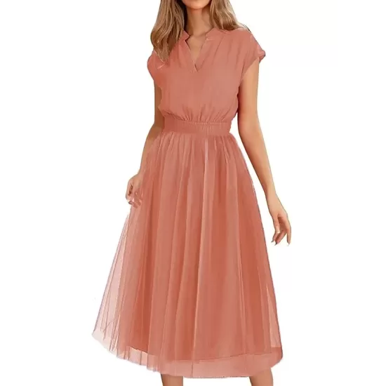 Solid Color Loose Short Sleeves V-Neck Midi Dresses