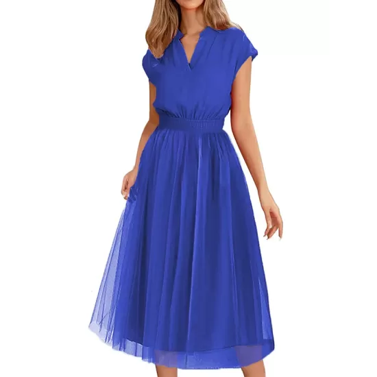 Solid Color Loose Short Sleeves V-Neck Midi Dresses