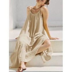 A-Line Loose Pleated Solid Color Split-Joint Round-Neck Midi Dresses Slip Dress