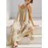 A-Line Loose Pleated Solid Color Split-Joint Round-Neck Midi Dresses Slip Dress