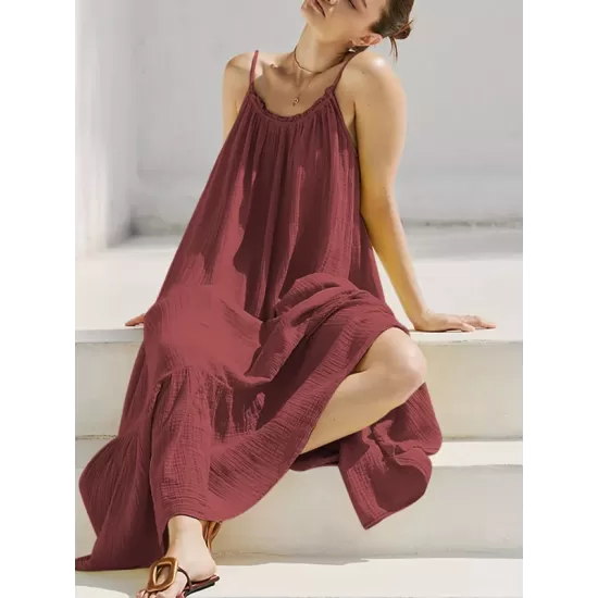 A-Line Loose Pleated Solid Color Split-Joint Round-Neck Midi Dresses Slip Dress