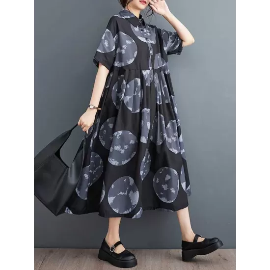 Polka-Dot Loose Short Sleeves Lapel Collar Midi Dresses