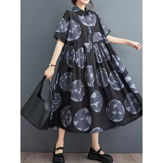 Polka-Dot Loose Short Sleeves Lapel Collar Midi Dresses