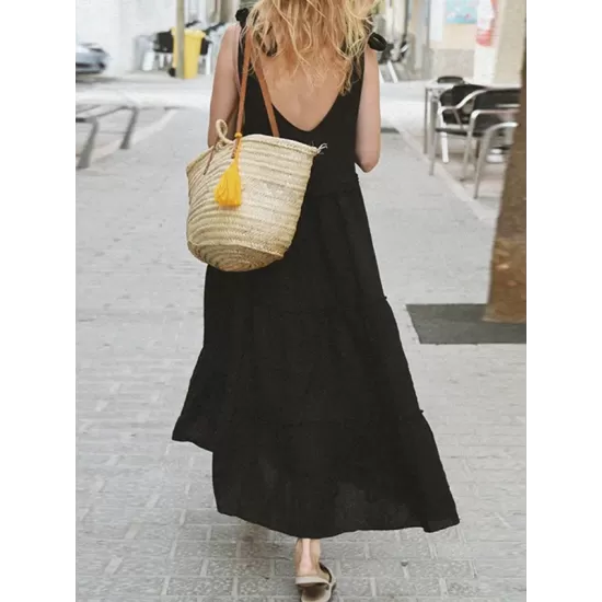 Solid Color Loose Sleeveless V-Neck Midi Dresses