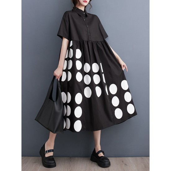 Buttoned Pockets Polka Dot Printed A-line Loose Lapel Midi Dresses