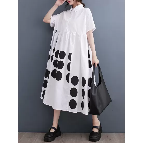 Buttoned Pockets Polka Dot Printed A-line Loose Lapel Midi Dresses