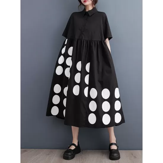 Buttoned Pockets Polka Dot Printed A-line Loose Lapel Midi Dresses